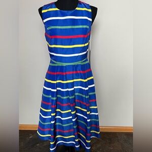 New HBC Stripes preppy sleeveless blue stripe pleated flair skirt dress. Size 4